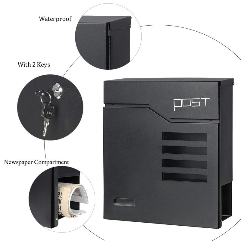 Jssmst Locking Mailbox Wall Mount- Waterproof mailboxes with Secure Key Lock and Newspaper Compartment, Key Lock Drop Box Extra Large Capacity, 12.9 x 4.1 x 14.2 Inch, SM-HPB938 Black New - Image 5